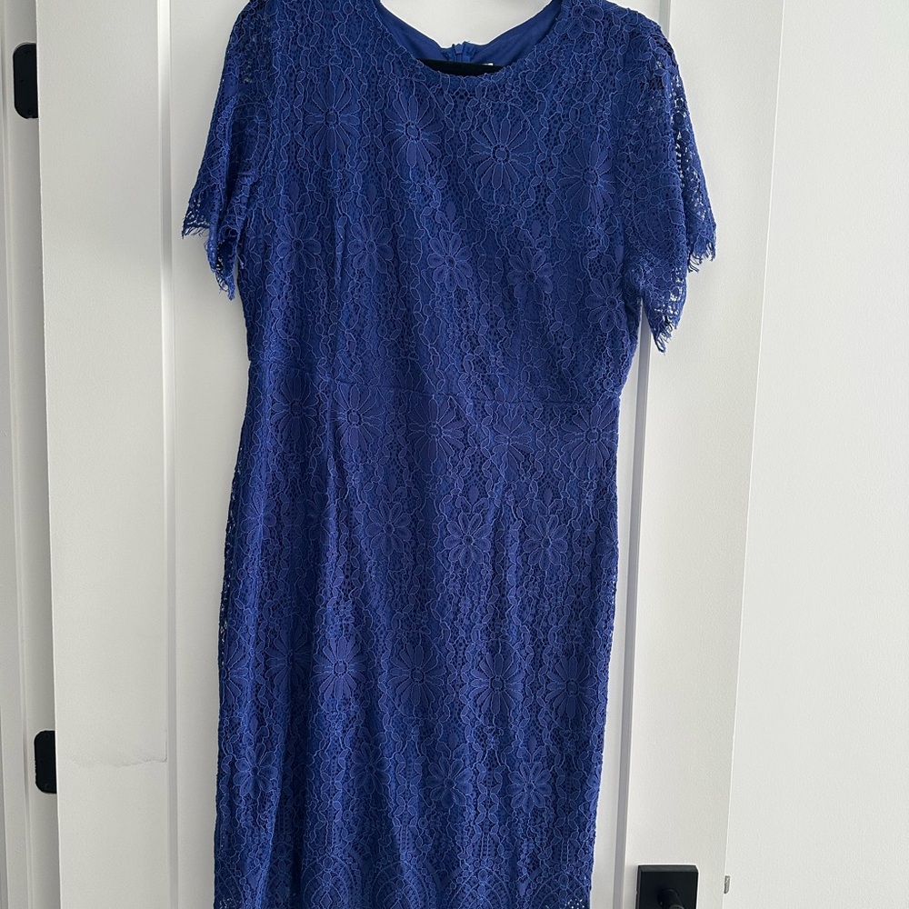 MSGM Floral Lace Midi Dress in Deep Blue